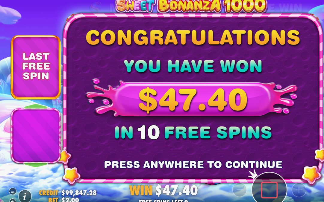 Win screen with the summed total of a tumble sequence